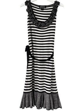 bebe Black & White Striped Midi Dress with Braided Neckline
